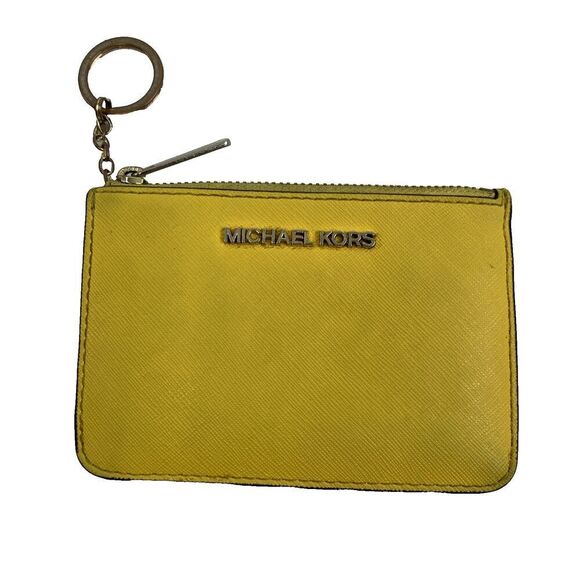 Michael Kors Jet Set Travel Saffiano Leather Coin Pouch Yellow Small Key Zip - Picture 1 of 13